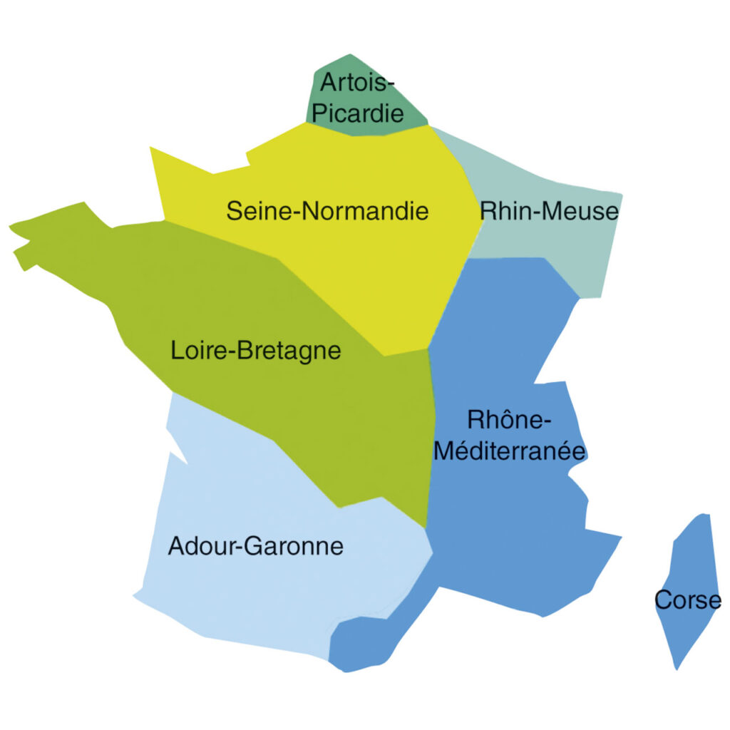 Carte des 7 bassins versants hydrographiques métropolitains